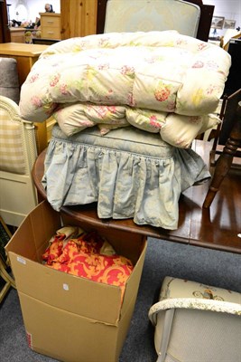 Lot 1110 - A Lloyd Loom chair, curtains, quilts, upholstered nursing chair, a button back headboard and...