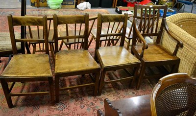 Lot 1153 - Provincial mahogany armchair and three similar chairs, oak dining chair and set of four Ercol stick