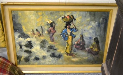 Lot 1161 - Continental School, Oriental ladies carrying baskets, indistinctly signed, oil on canvas