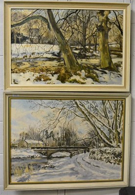 Lot 1162 - T L Kerkham (20th century) Village bridge in snow, signed, oil on canvas board, together with a...