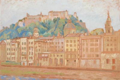 Lot 404 - Sir William Rothenstein (1872-1945)  "Old Town Salzburg " Signed and dated 1922, pastel, 34cm...