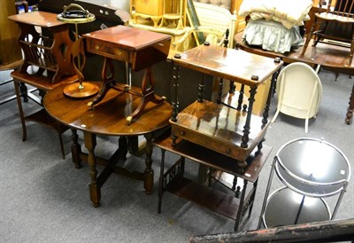 Lot 1164 - Reproduction mahogany whatnot, a chrome and brass trolley, oak drop leaf table, two occasional...