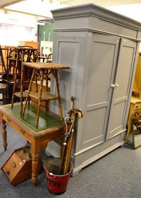 Lot 1169 - Pine single drawer desk, two Victorian bamboo occasional tables and a grey painted double door...