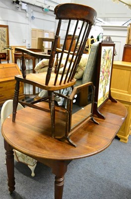 Lot 1172 - Elm kitchen chair, brass standard lamp, fire screen and a toilet mirror (4)