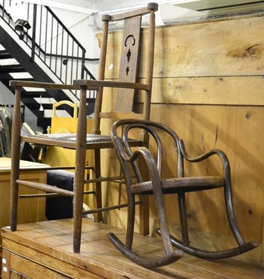 Lot 1174 - Child's bentwood rocking chair, an oak Arts & Crafts armchair and a mahogany pot cupboard (3)