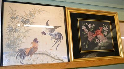 Lot 1210 - Framed wool work picture of a decorative bird, Chinese embroidered picture of two pheasants (2)