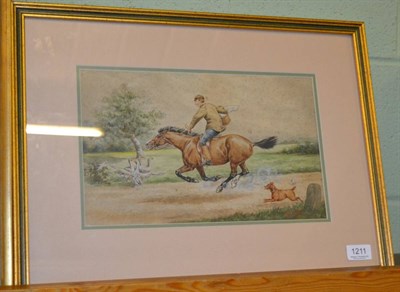 Lot 1211 - W.Brandt (20th century) A figure on horseback with a terrier chasing beyond, watercolour heightened