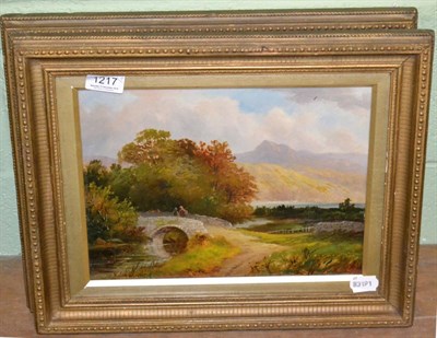 Lot 1217 - D Mackenzie (20th Century) Figures on a bridge in a Lakeland landscape signed, oil on board,...