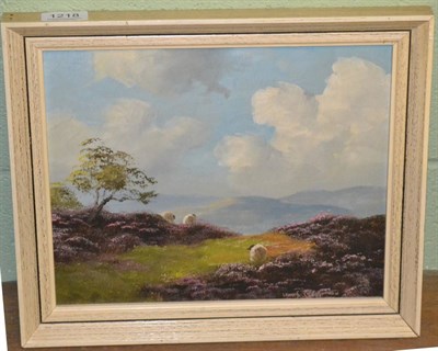 Lot 1218 - Lewis Creighton, Moorland landscape with sheep, oil on panel