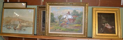 Lot 1242 - L Western, Baby in cradle, oil on canvas and five other pictures (6)