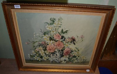 Lot 1244 - Thomas G Hill (1913-1984), still life of flowers with cherub, oil on canvas, signed and dated...