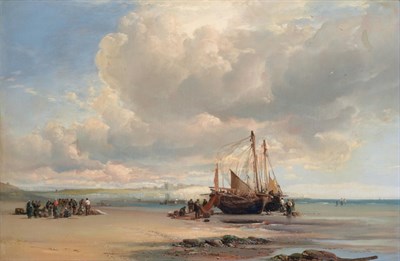 Lot 412 - Attributed to James Webb (1825-1895) Beached fishing vessels and fisherfolk on Dover Sands  Oil...