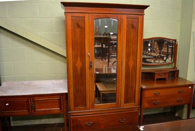 Lot 1304 - Edwardian inlaid mahogany three piece bedroom suite comprising mirror fronted wardrobe, marble...