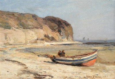 Lot 418 - Owen Bowen ROI, PRCamA (1873-1967) Beached fishing coble and figure on a coastal inlet Signed...