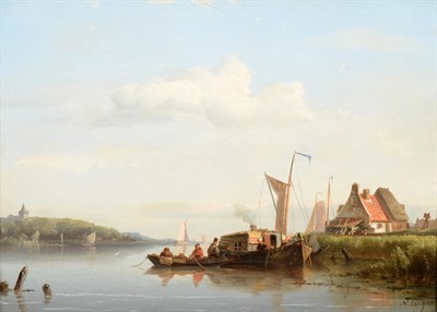 Lot 421 - Nicolaas Riegen (1827-1889) Dutch  Dutch river scene Signed, oil on panel, 19.5cm by 27.5cm...