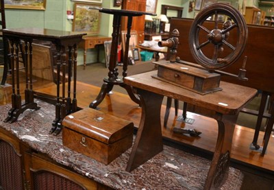 Lot 1332 - Small group of furniture comprising an oak stool in Arts & Crafts taste, an oak bobbin winder, 19th