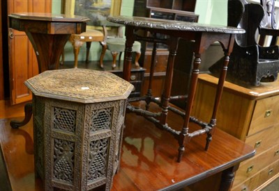 Lot 1392 - A burr walnut octagonal top work table, a carved mahogany drop leaf table and a Middle Eastern...