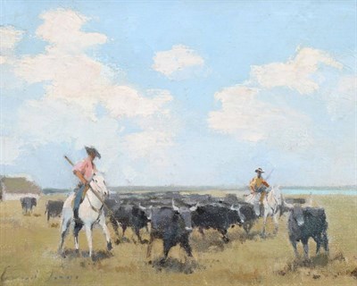 Lot 442 - Edward Seago  RBA, RWS (1910-1974) Bulls of the Camargue, France  Signed, oil on canvas, 19cm...