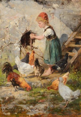 Lot 448 - Antonis Matteo Montemezzo (1841-1898) Italian  Feeding the Chickens  Signed and dated (18)76,...