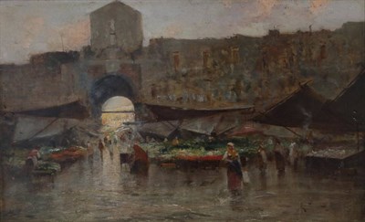 Lot 450 - Oscar Ricciardi (1864-1935) Italian   "The Market at Naples "  Signed, oil on panel, 22cm by 35cm