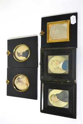 Lot 1 - A pair of framed portrait miniatures Mr & Mrs Smith of Wildon Grange, another pair with gilt...