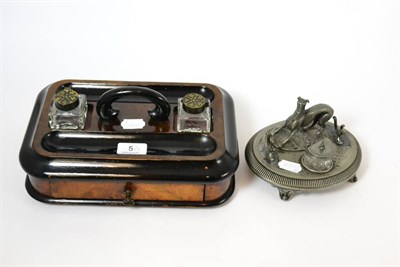 Lot 5 - A Victorian walnut inkstand and a pewter inkstand surmounted by a dog