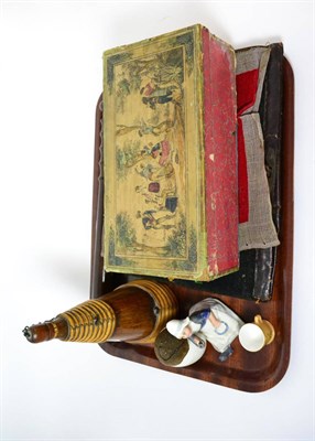 Lot 6 - A wooden flask with stopper with glass base, a truncheon, unframed sampler by Jane Lascelles...