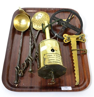 Lot 12 - Bell & Hall Guild Hall Worcester brass clockwork bottle jack and four iron and brass kitchen...