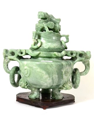 Lot 28 - A large carved possibly Tibetan incense bowl, cover and hardwood stand