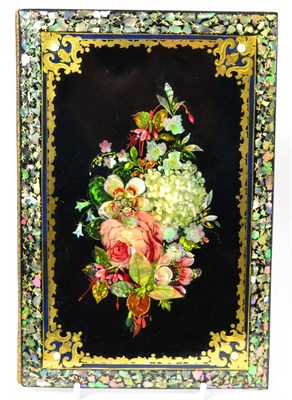 Lot 31 - A Victorian shell inlaid and painted papier mache blotter