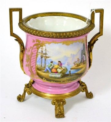 Lot 48 - A late 19th century Sevres style pink cache pot with ormolu mounts