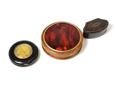 Lot 83 - Gilt decorated circular souvenir snuff box, tortoiseshell and burr walnut snuff box and one...