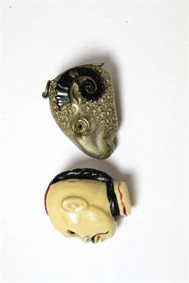 Lot 87 - A plated rams head vesta case and an ivorine bust of Chinese gentleman (2)