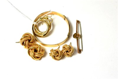 Lot 96 - Two pairs of 9ct gold knot form earrings, a 9ct gold christening bracelet, a 9ct gold bar...