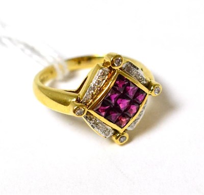 Lot 100 - A square ruby and diamond cluster ring