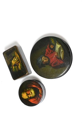 Lot 105 - Russian papier mache snuff box with portrait of a gent and two others