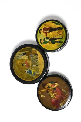 Lot 106 - Papier mache snuff box of tavern scene, another with mother and child and another of hunters (3)