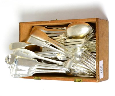 Lot 108 - Six part sets of fiddle pattern flatware comprising six table forks, five crested table forks,...