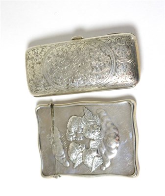 Lot 110 - A silver mounted hinged purse with red leather and a card case embossed with angels (2)