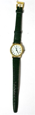 Lot 112 - A lady's plated wristwatch, signed Raymond Weil, Geneve, mechanical lever movement, on a green...