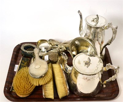 Lot 131 - An Elkington EPNS coffee pot and teapot, silver gilt key, silver dressing table set, plated...