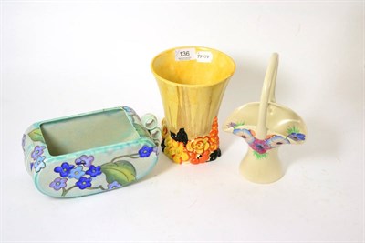 Lot 136 - A Clarice Cliff vase, a pottery basket and a Crown Derby bowl