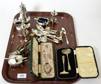 Lot 148 - A good collection of silver flatware, cruets, cased spoons, sugar tongs etc