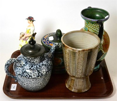 Lot 154 - A Royal Crown Derby figurine, a Doulton self pouring teapot and a studio pottery vase etc