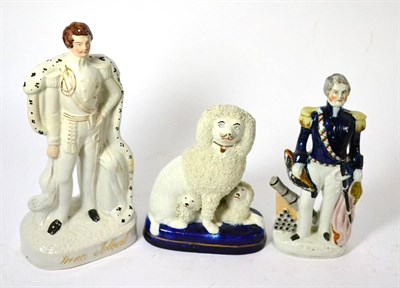 Lot 159 - Staffordshire figure of Prince Albert, another of a military figure and a seated poodle with...