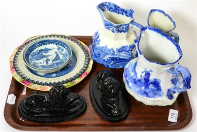 Lot 178 - Pair of moulded glass seated lions, Spode Italian pattern jug, two Doulton jug, a Chintz plate,...