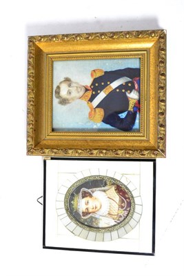 Lot 186 - A piano key ivory framed miniature of an Elizabethan style lady and a gilt framed miniature of...