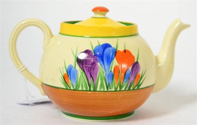 Lot 194 - A Clarice Cliff crocus pattern teapot and cover, printed factory marks and moulded mark 42