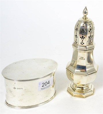 Lot 204 - An oval hinged silver box, Chester, 1911 and a silver sugar caster, Birmingham, 1936 (2)