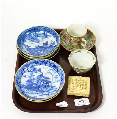 Lot 207 - A 19th century carved ivory puzzle, a Canton cup and saucer and other Oriental ceramics